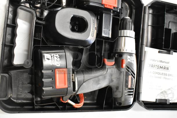 Craftsman power drill driver with 12V battery, Westrim TC15TOW-LED power supply box, and Better Pack unit, all in carrying case.