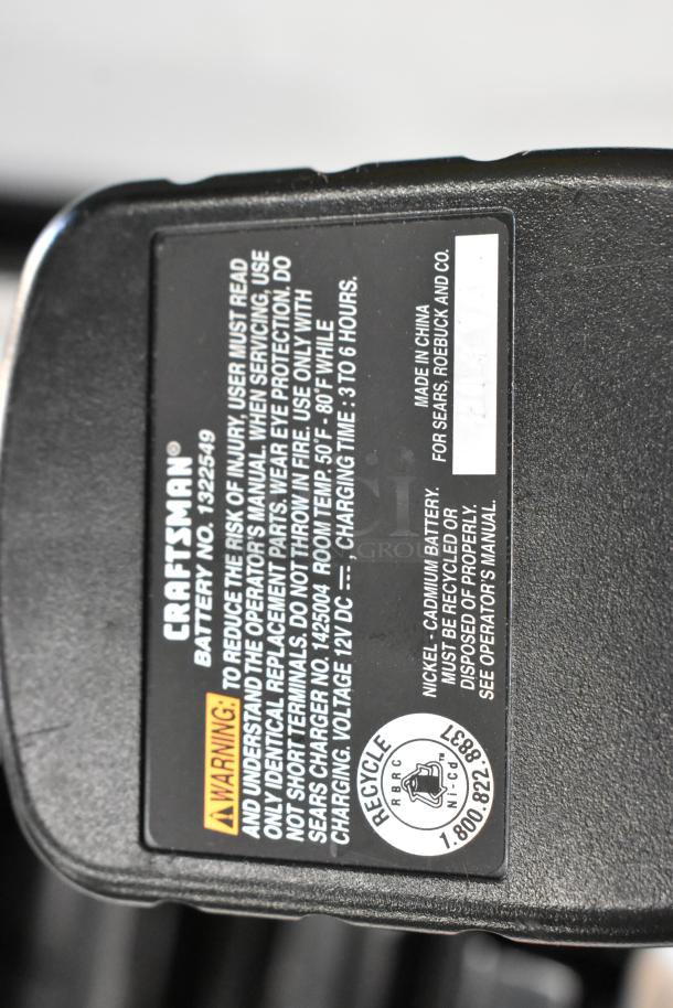Craftsman Battery 1322549 label showing safety warnings and recycling info, compatible with model 1425000.