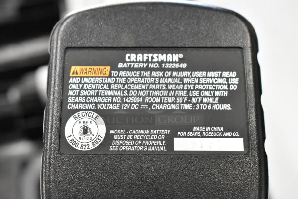 Craftsman battery label with usage warnings, battery no. 1322549. Features Ni-Cd recycling info and charging details.