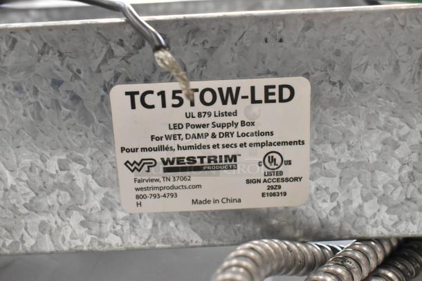 Westrim TC15TOW-LED power supply box label, UL 879 listed for wet, damp, and dry locations, made in China.