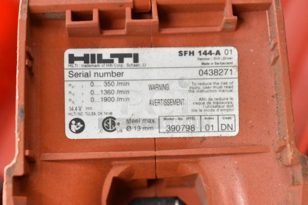 Hilti SFH144-A Drill, orange casing, model 390798, serial 0438271, 14.4V, made in Switzerland.