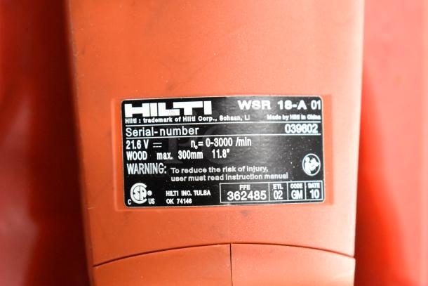 Hilti WSR18-A reciprocating saw label, serial 039602, 21.6V, max wood cut 300mm, warning for safety instructions.