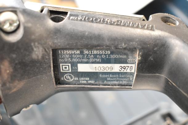 Bosch 11255VSR Bulldog Xtreme Rotary Hammer label, showing specifications: 120V, 60Hz, 7.5A, 0-1,300/min, 0-5,800/min BPM.