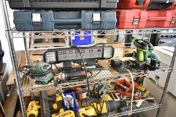 9 tools including Roto Zip DR1, Hitachi SV12SG sander, DS12DVF3 drill, Winplus power station with LED lights. Mixed condition.