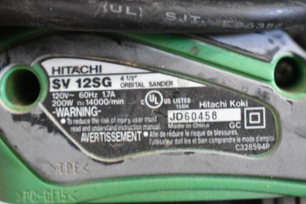 Hitachi SV12SG orbital sander label indicating 120V, 60Hz, 1.7A, 200W, 14000/min, model JD60458, made in China, with warnings.