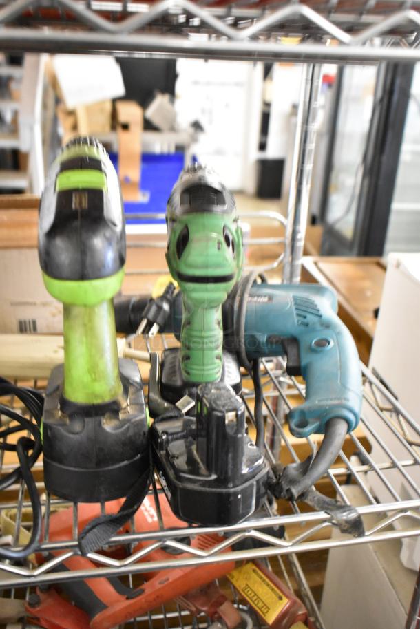 Set of 9 tools including Roto Zip DR1, Hitachi SV12SG Orbital Sander, and DS12DVF3 Cordless Drill on a metal shelf.