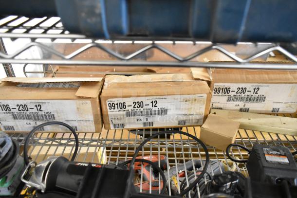 9-item lot: Roto Zip DR1, Hitachi SV12SG Sander, DS12DVF3 Drill, 2 boxes 99106-230-12, Winplus Power Station LED. Shelving view.