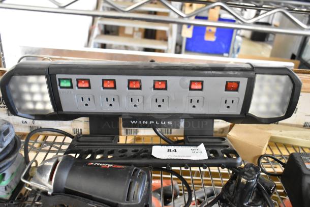 9-item lot including Roto Zip DR1, Hitachi SV12SG sander, Hitachi DS12DVF3 drill, and Winplus power station with LEDs.