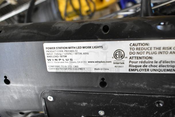 Winplus Power Station with LED Work Lights, product code PB31443-72, input 15Amp/125VAC, max load 1875W, black casing.