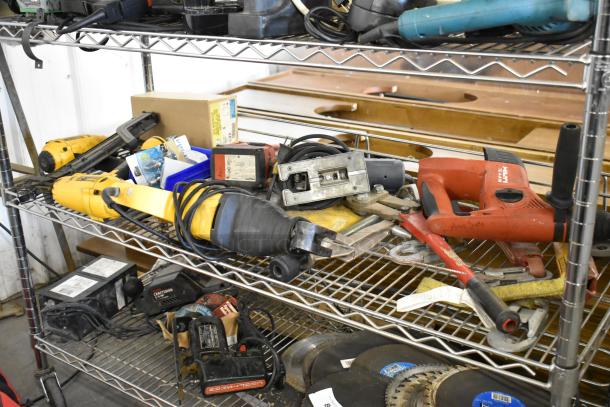 Assorted tools including DeWalt DW304 reciprocating saw, DeWalt D51431 crown stapler, Bosch 1590EVS sander, Hilti TE4-A18.