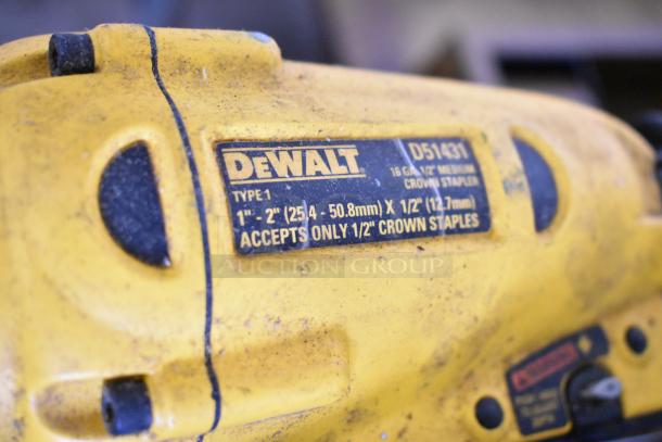DeWalt D51431 Crown Stapler, yellow, visible label indicating staple size, used condition.
