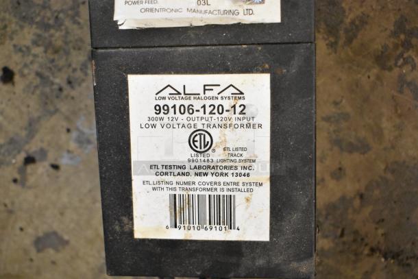 Alfa 99106-120-12 transformer, 300W, 12V output, 120V input, ETL listed. Distinctive label with specifications.