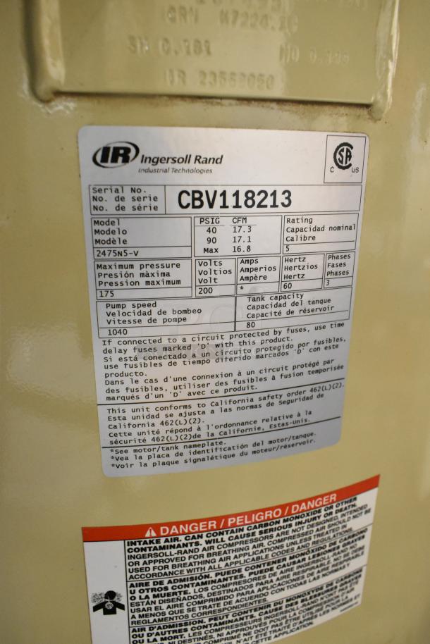 Ingersoll Rand 2475N5-V metal commercial air compressor, serial CBV118213, 175 PSIG, 17.1 CFM, 200 volts, 1040 pump speed.
