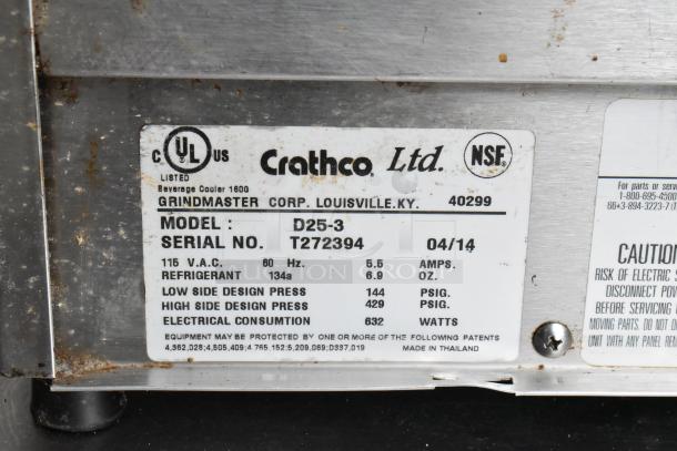 Crathco D25-3 stainless steel beverage machine label, 115 volts, 1 phase, model details and serial number visible.