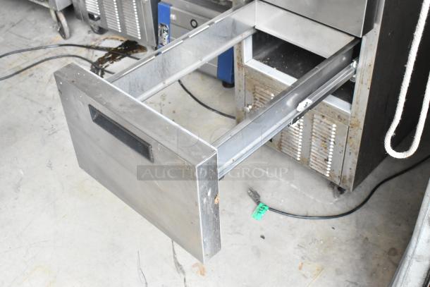 Silver King SKSD/C4 stainless steel 2 drawer cooler on casters, showing an open drawer. 115 volts, 1 phase, used condition.