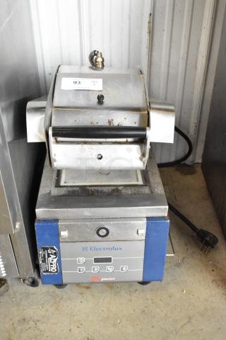 Electrolux HSPPAN metal commercial panini press, 208 volts, 1 phase, visible wear, countertop model with control panel.