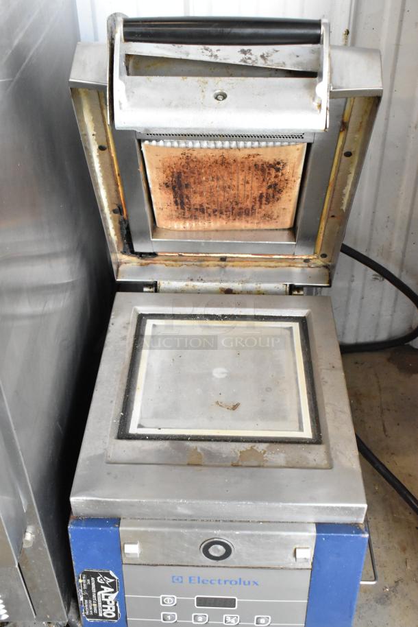Electrolux HSPPAN commercial metal panini press, 208 volts, 1 phase, visible wear, and rust on plates.