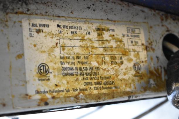 Electrolux HSPPAN Metal Commercial Panini Press label detail, showing model, voltage, and certification marks.