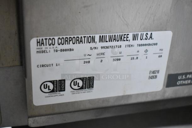 Hatco TQ-800HBA stainless steel conveyor toaster oven label showing power specifications, 208 volts, 1 phase.