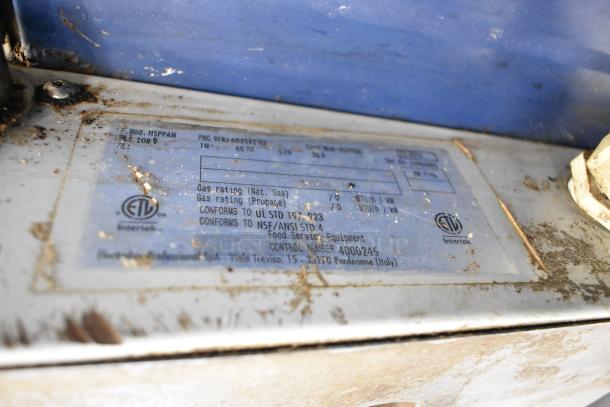Electrolux HSPPAN commercial countertop panini press label, showing 208V, 1 phase, UL and NSF compliance marks, in worn condition.