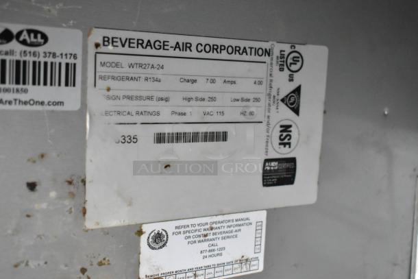Beverage Air WTR27A-24 stainless steel undercounter cooler label showing model, refrigerant, and electrical specs.
