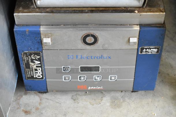 Electrolux HSPPAN Panini Press, metal, commercial countertop, 208V, 1 phase, visible wear, Alpro sticker present.