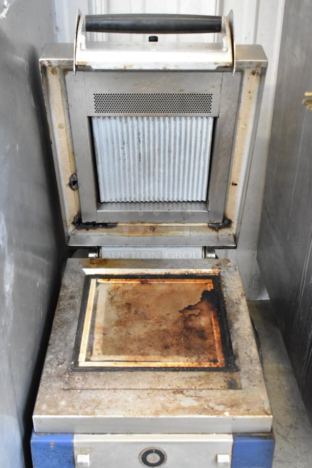 Electrolux HSPPAN commercial countertop panini press, showing visible wear, model HSPPAN, 208V, 1 phase.