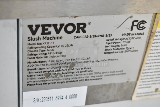 Vevor XRJF-11 Stainless Steel Slushie Machine label; refrigerating capacity 15-25L/H, 115V, single phase, made in China.