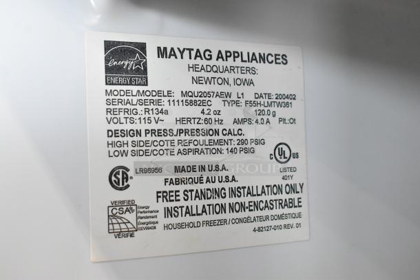 Maytag MQU2057AEW Single Door Reach In Freezer label, 115V, 1 Phase, Energy Star certified, made in USA, free standing installation.