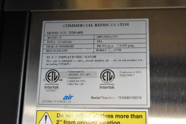 Turbo Air TOM-40B commercial open merchandiser label, showing specifications, 120V, 1 Phase, refrigerant R-404A.