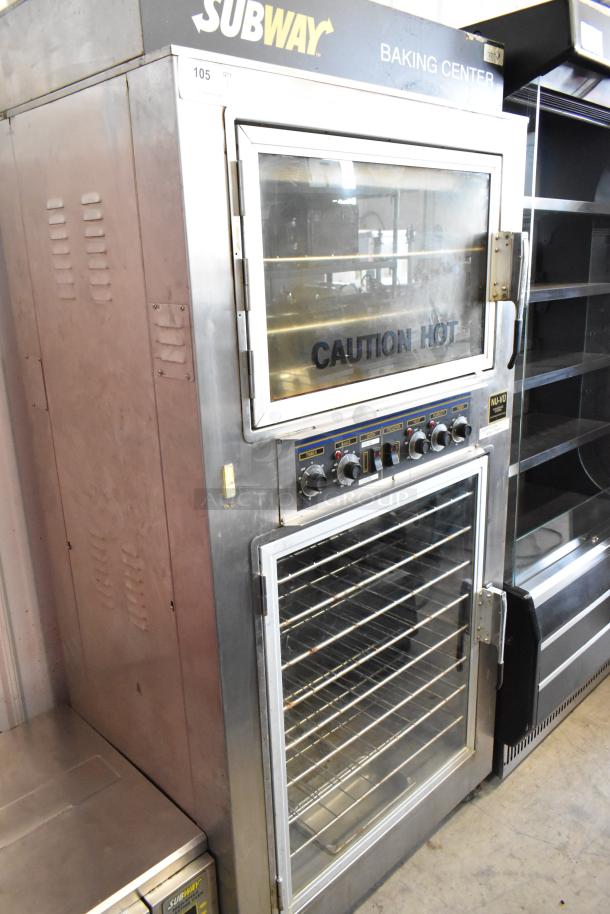 Nu Vu SUB-123 stainless steel commercial oven proofer on casters, features control knobs, "Caution Hot" label, 208V, 3-phase.