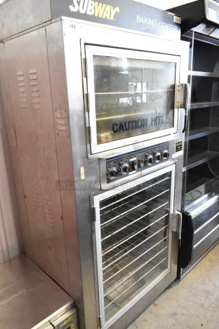 Nu Vu SUB-123 stainless steel commercial oven proofer on casters, features control knobs, "Caution Hot" label, 208V, 3-phase.