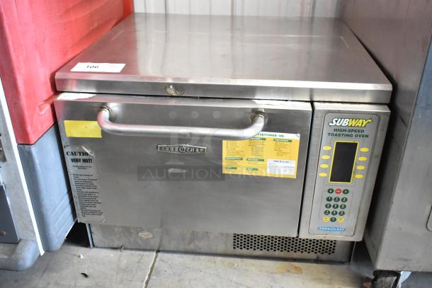 Turbochef NGC stainless steel rapid cook oven with digital controls, visible settings label, 208/240V, used condition.