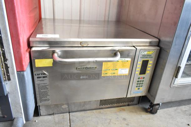 Turbochef NGC stainless steel rapid cook oven, commercial countertop model, 208/240V, 1 phase, has warning labels and control panel.