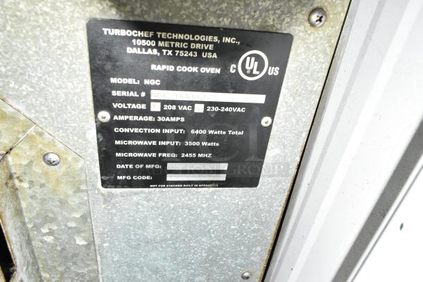 Turbochef NGC electric rapid cook oven label showing model, serial number, voltage, and power specifications.
