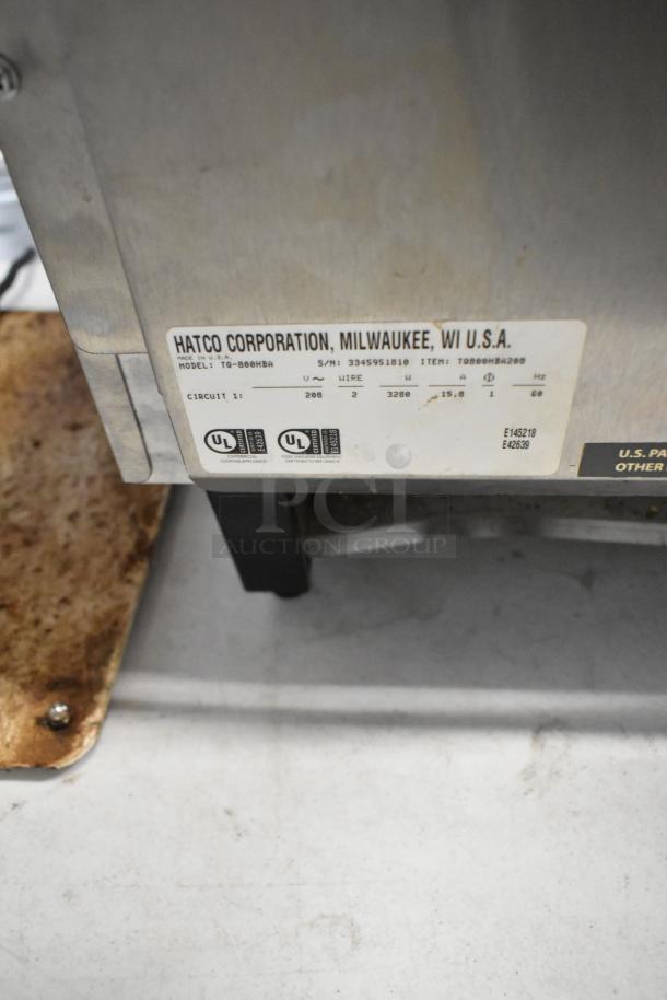 Hatco TQ-800HBA stainless steel commercial conveyor toaster oven, model label shown, 208V, 1 phase, serial 3345951810.