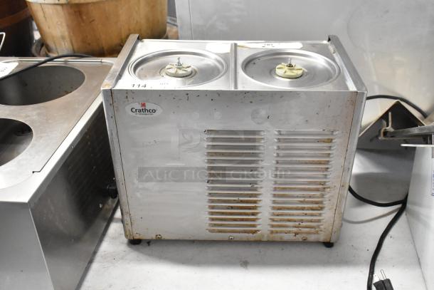 Crathco stainless steel 2 hopper beverage machine base, 115 volts, countertop model, used condition, visible Crathco label.