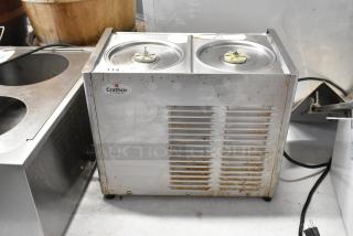 Crathco stainless steel 2 hopper beverage machine base, 115 volts, countertop model, used condition, visible Crathco label.
