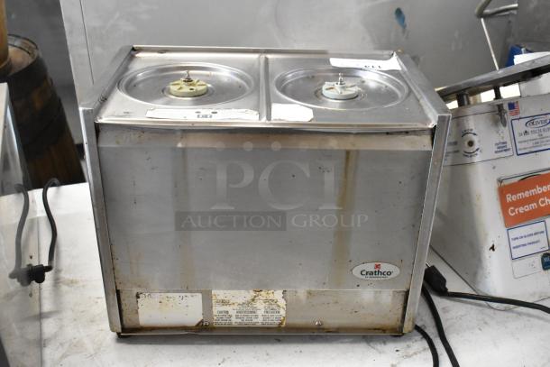 Crathco stainless steel 2 hopper refrigerated beverage machine base, 115 volts, 1 phase, countertop model, visible wear.