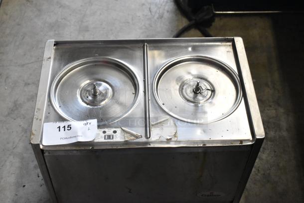 Crathco D25-3 stainless steel beverage machine base, 2 hoppers, 115V, visible wear, auction tag "115" attached.