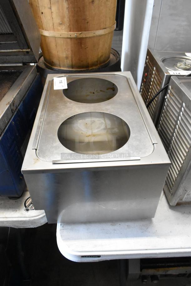 Valgus BBM-7L-2W stainless steel Bain Marie, 120 volts, 1 phase, used condition, visible wear, auction tag attached.