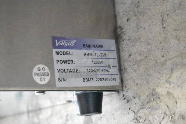 Valgus BBM-7L-2W stainless steel bain marie label, showing model, power 1200W, voltage 120V, and serial number.