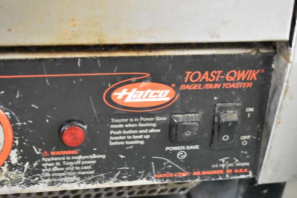 Hatco TQ-800HBA Toast Qwik stainless steel conveyor toaster. Tags show power save mode and warning light. 208V, 1 phase.