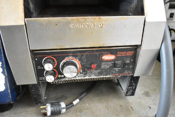 Hatco TQ-800HBA Toast Qwik stainless steel conveyor toaster oven, 208V, 1 phase, with control knobs and power settings, in used condition.
