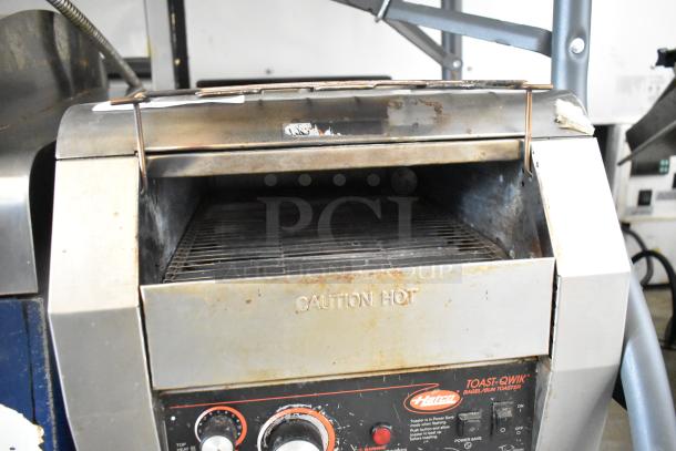 Hatco TQ-800HBA Toast Qwik stainless steel conveyor toaster oven. Features controls, 208V, 1 phase, "Caution Hot" label.