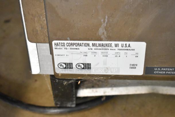 Hatco TQ-800HBA Toast Qwik stainless steel conveyor toaster oven label, 208V, 1 phase, UL certified, made in USA.