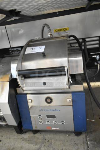 Electrolux HSPPAN commercial panini press, metal, countertop, 208 volts, 1 phase, slight rust, operational buttons visible.