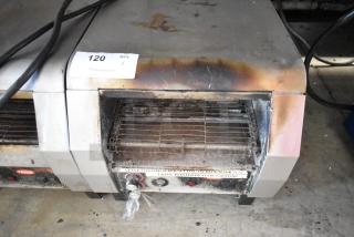 Hatco TQ-800HBA Toast Qwik stainless steel conveyor toaster oven, 208V, used condition, visible wear, auction tag #120.