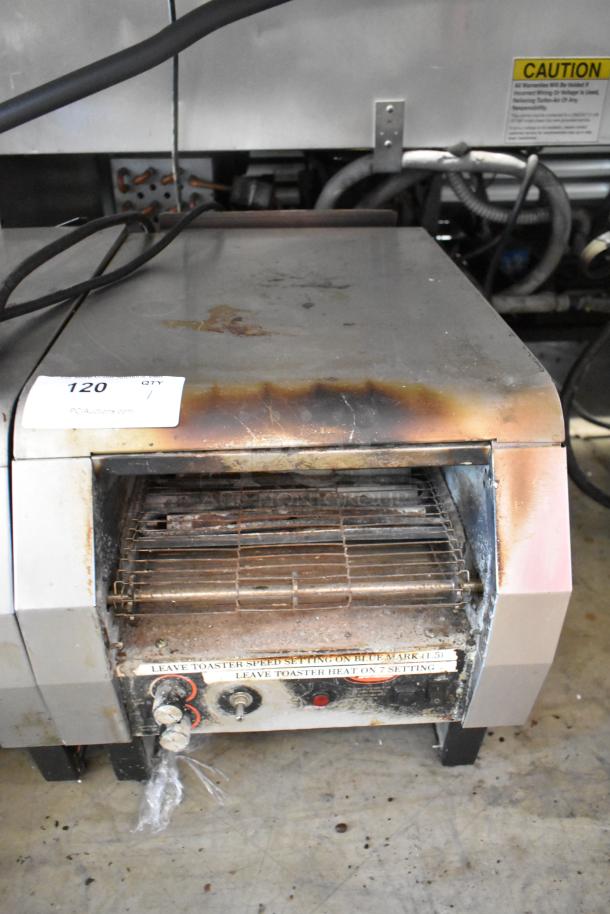 Hatco TQ-800HBA Toast Qwik conveyor toaster oven, stainless steel, commercial, 208V, used condition with visible wear.
