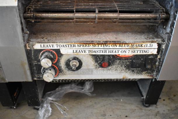 Hatco TQ-800HBA stainless steel conveyor toaster oven, 208V, 1-phase, used, with speed and heat settings instructions.